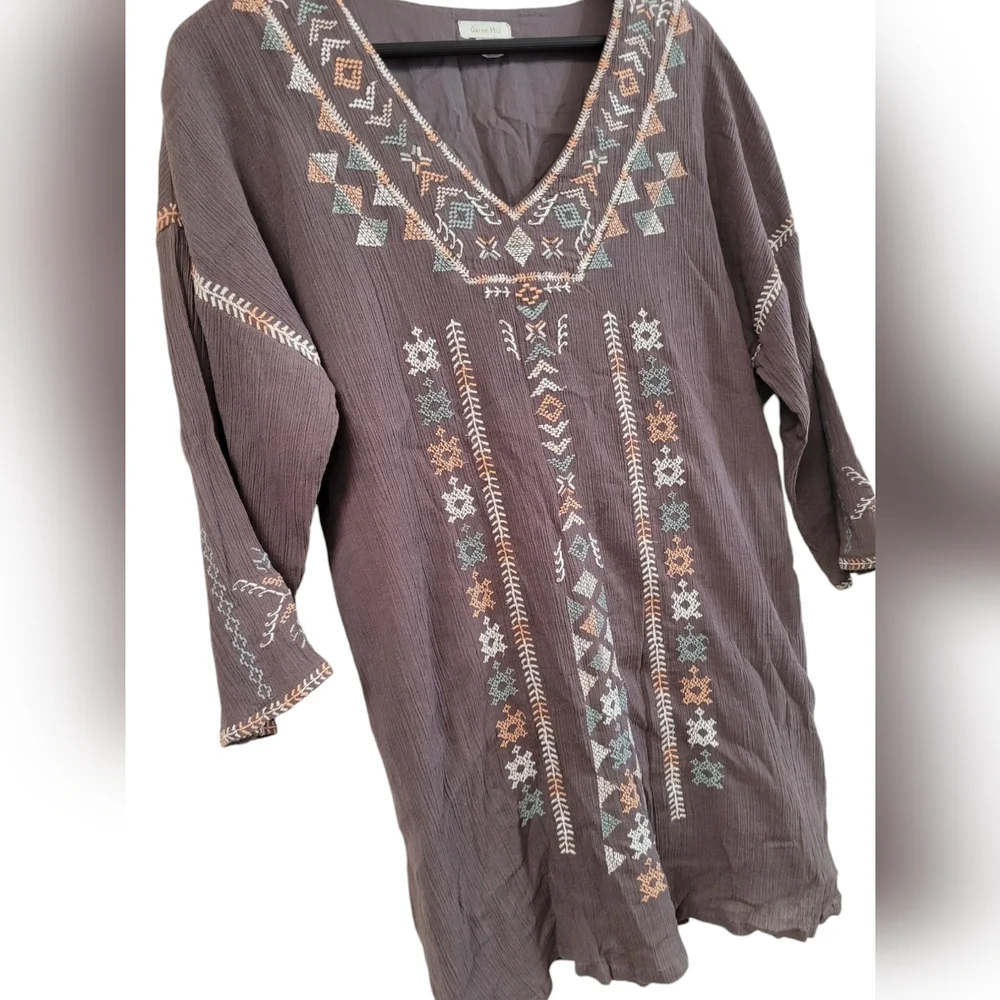 Garnet Hill Gray Boho Embroidered Tunic Top Size 14 Large Peasant Top - Picture 2 of 6